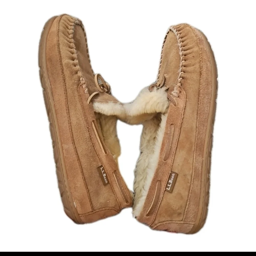 L.L.Bean Mens Tan Wicked Good Suede And Shearling Warm Indoor Outdoor Moccasins